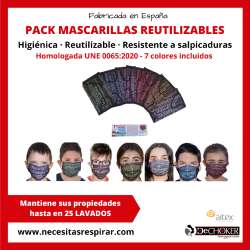 Pack 35 uds. Mascarillas higiénicas reutilizables lavables 25 ciclos 3 capas - Junior Juvenil 7 colores